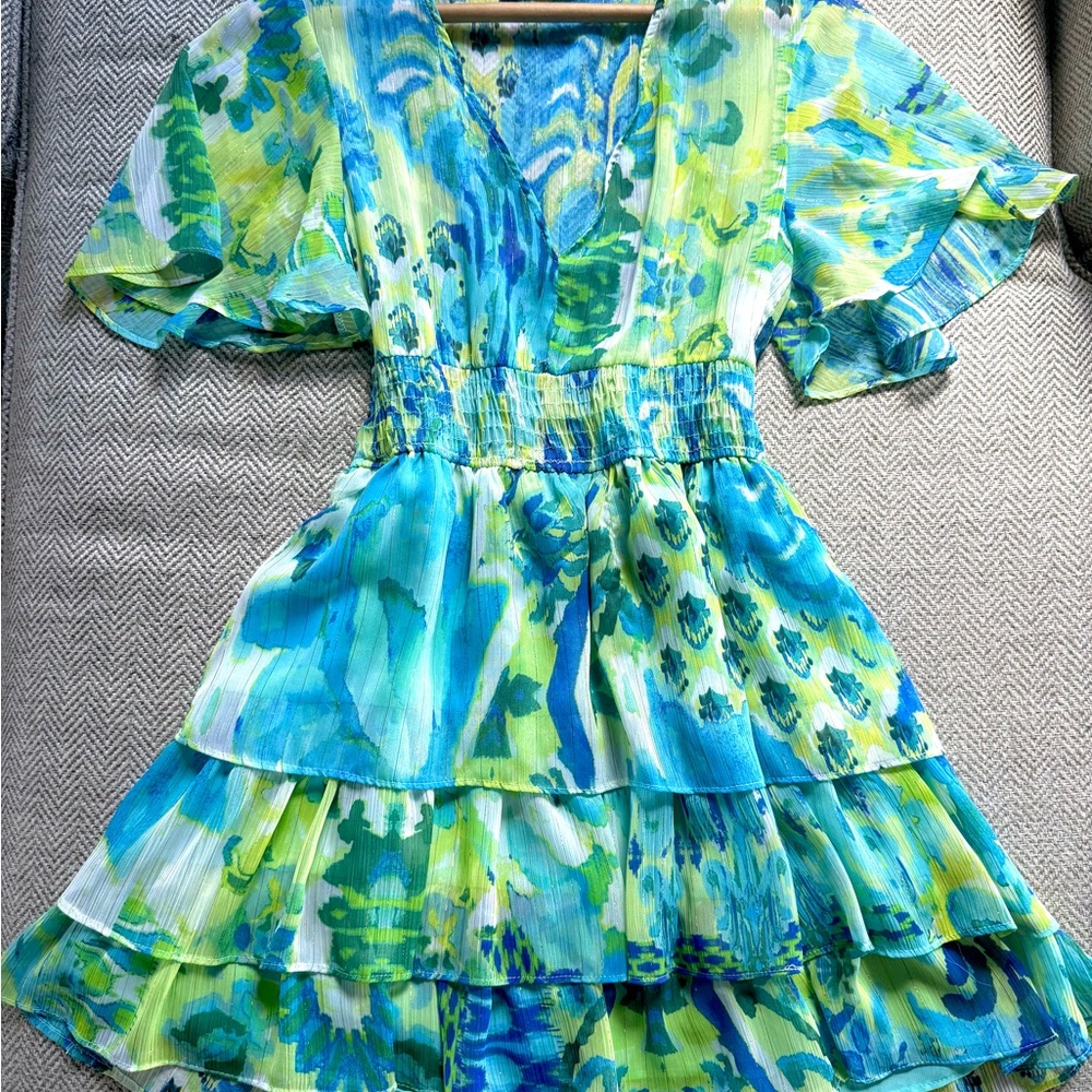 Zara Blue and Green Ruffled Smocked Mini Sundress